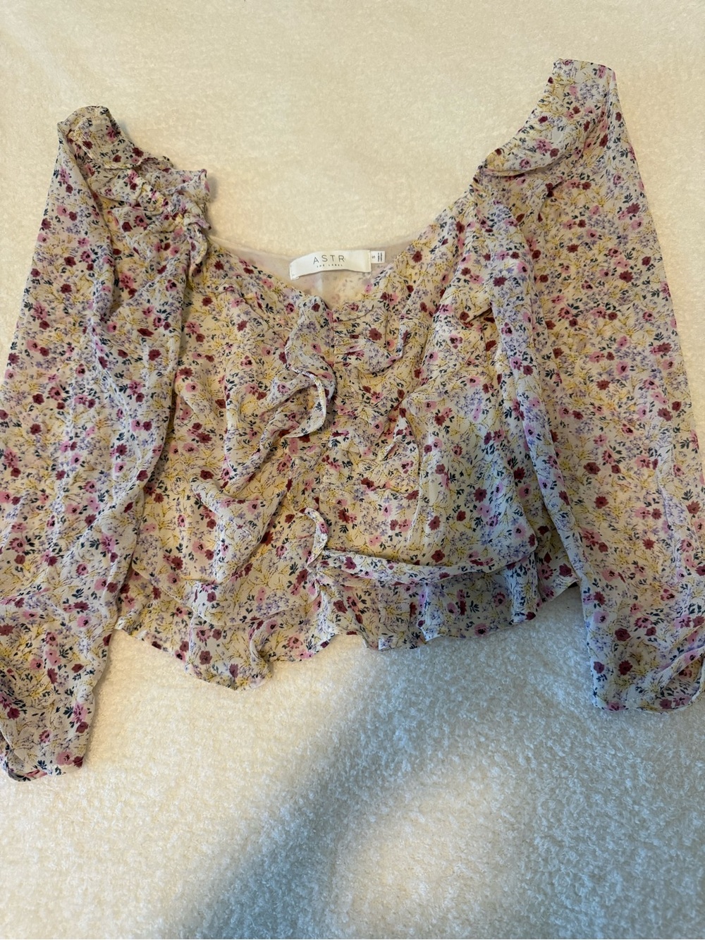 Astr Cream Floral Ruffle Blouse with Pink & Purple Accents